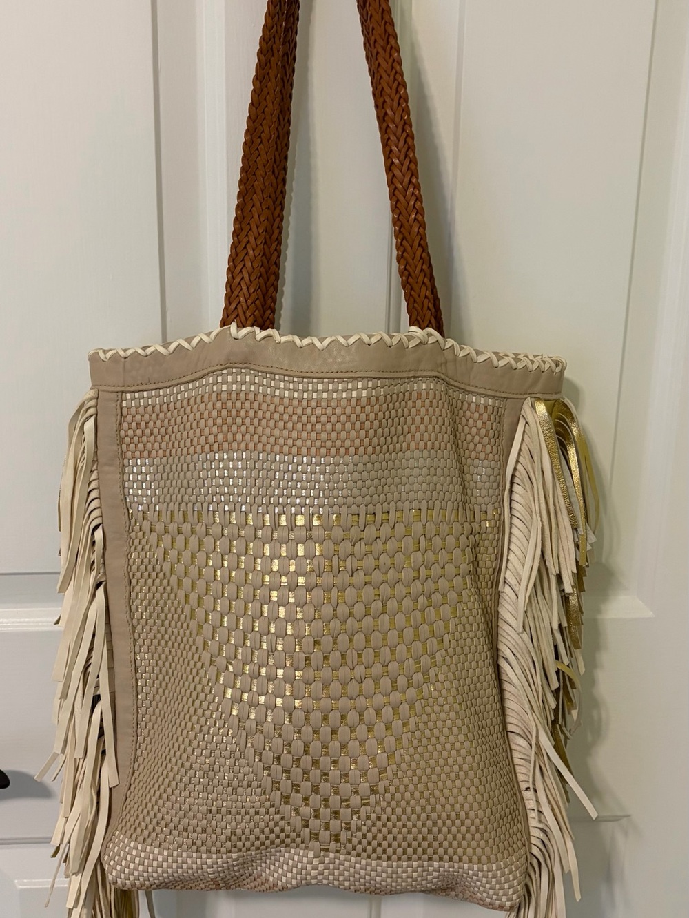 En Shalla Leather Beige Fringe Woven Hobo Bag with Brown Braided Handles